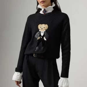 2025s Holiday Metallic Bear Sweater Cashmere Knit Pullover Autumn Winter Long Sleeve Women Knitwear Top Coat Relaxed Fit Clothes